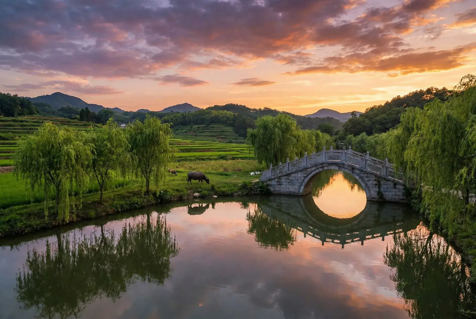 夕阳下的石拱桥与垂柳，水牛在河边吃草 - 裸体写真 乡村美景