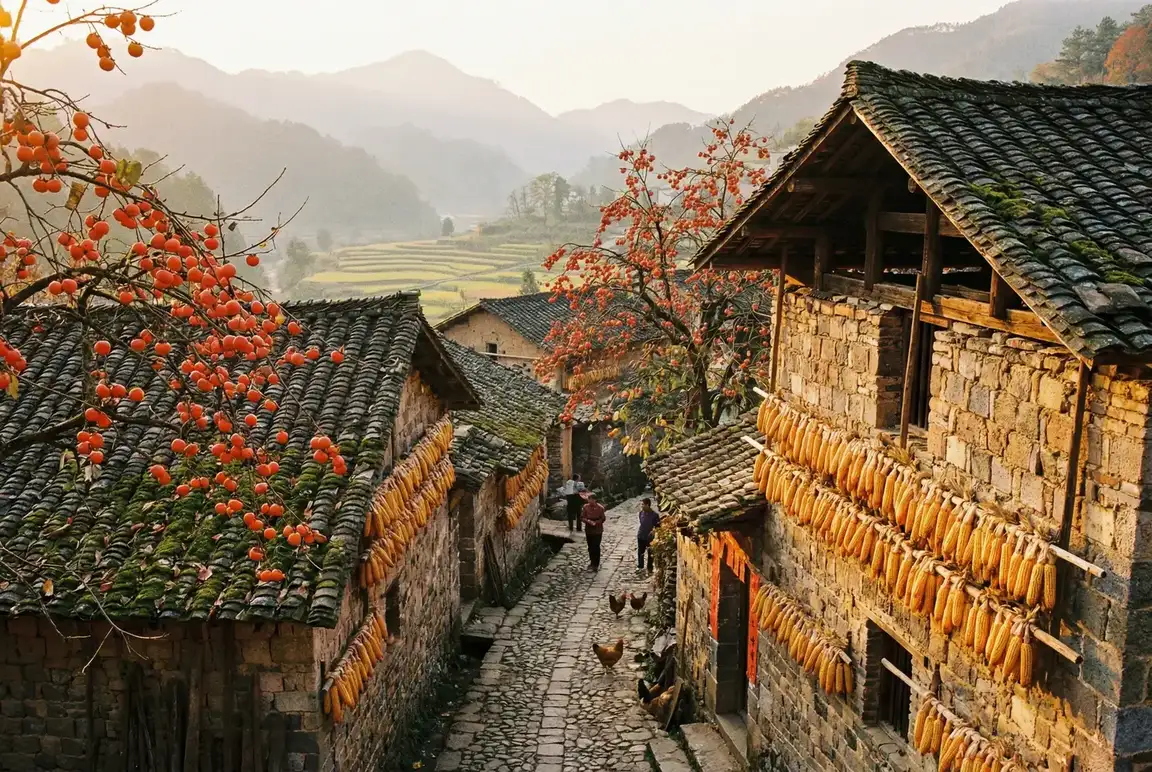 秋天的古村落，柿子树挂满红果，玉米晾晒在墙上 - 裸体写真 秋收景象